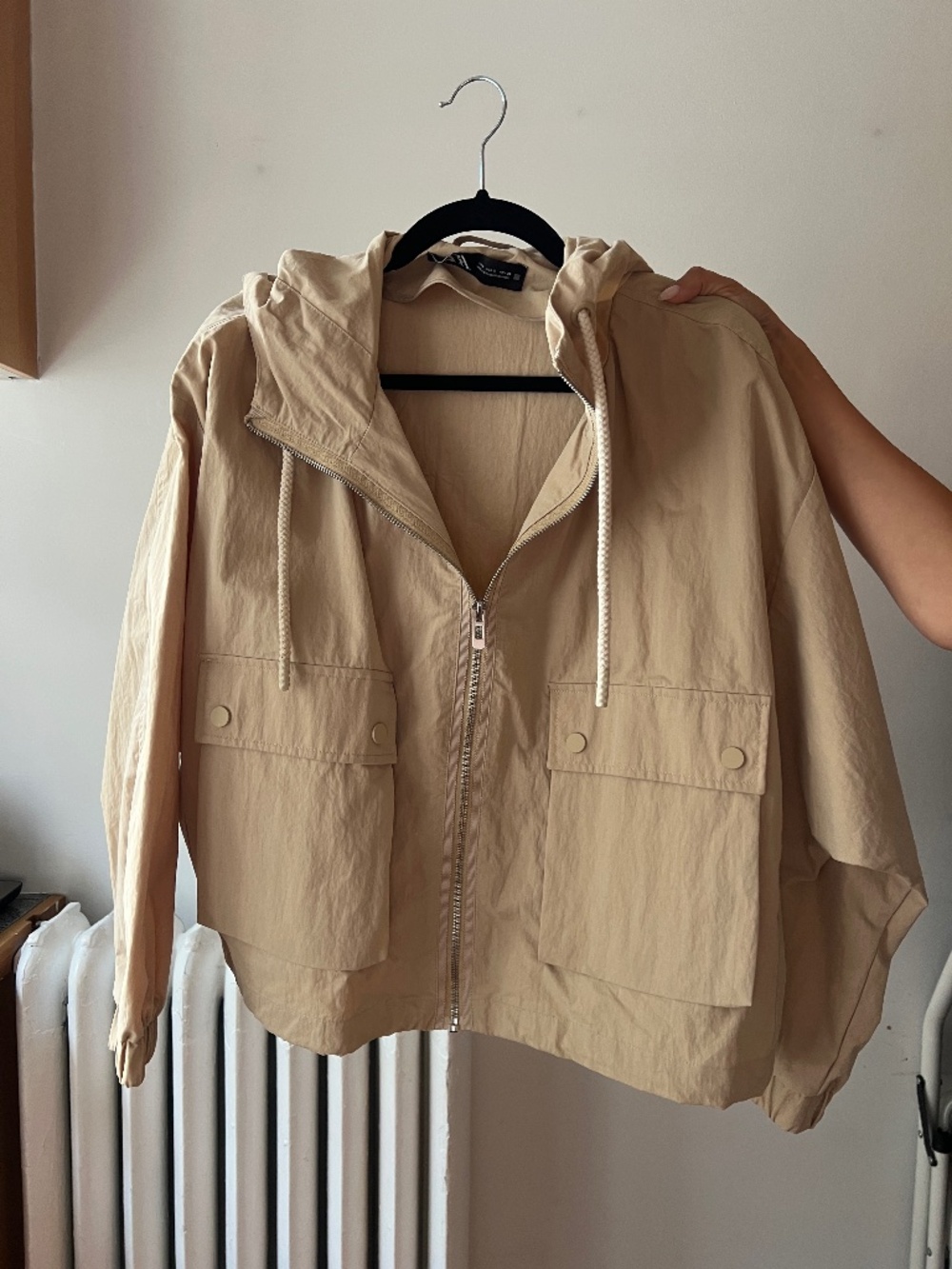 Zara Beige Zip Up Hooded Cropped Jacket